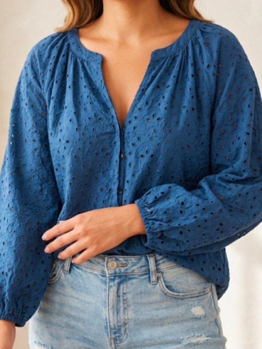 Calypso St. Barth Blue Eyelet Button Peasant Blouse (1X) - Picture 1 of 4